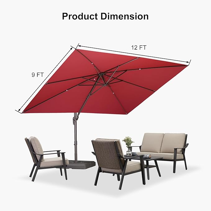 PURPLE LEAF 9' X 11.5' Rectangle Cantilever Umbrella with Base Patio Umbrella Outdoor Aluminum Antique Bronze Offset Hanging Umbrella with 360-degree Rotation for Pool Garden Backyard Deck, Terra