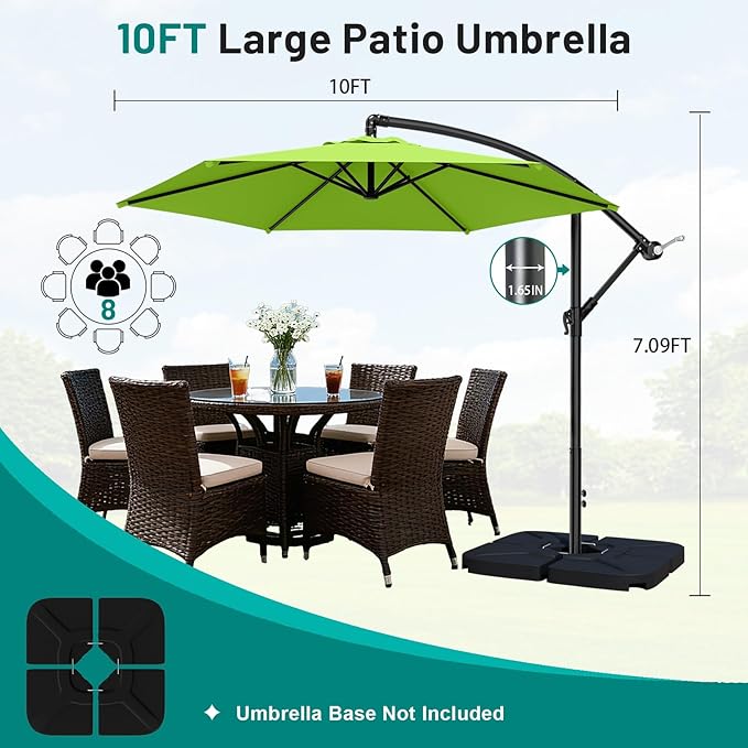 AreShark 10FT Patio Outdoor Umbrella, Offset Patio Umbrella Cantilever Umbrella, 6 Sturdy Ribs, Easy Adjustment for Garden Market Pool with Cross Base (Apple Green)