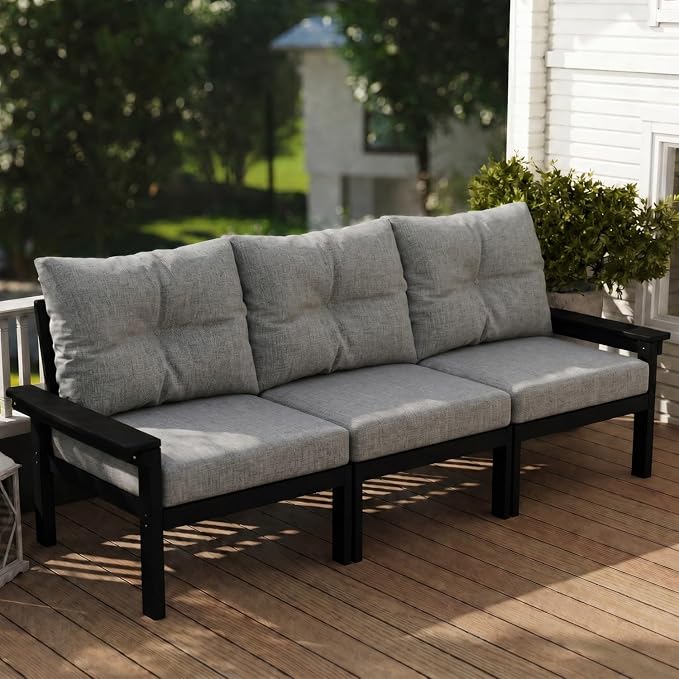 HDPE Patio Sofa Set, 3-Piece Sectional Outdoor Patio Furniture Set, All Weather Outdoor Couch Set with Grey Washable Thick Cushions for Lawn, Garden, Deck, Balcony, Porch(Black Frame)