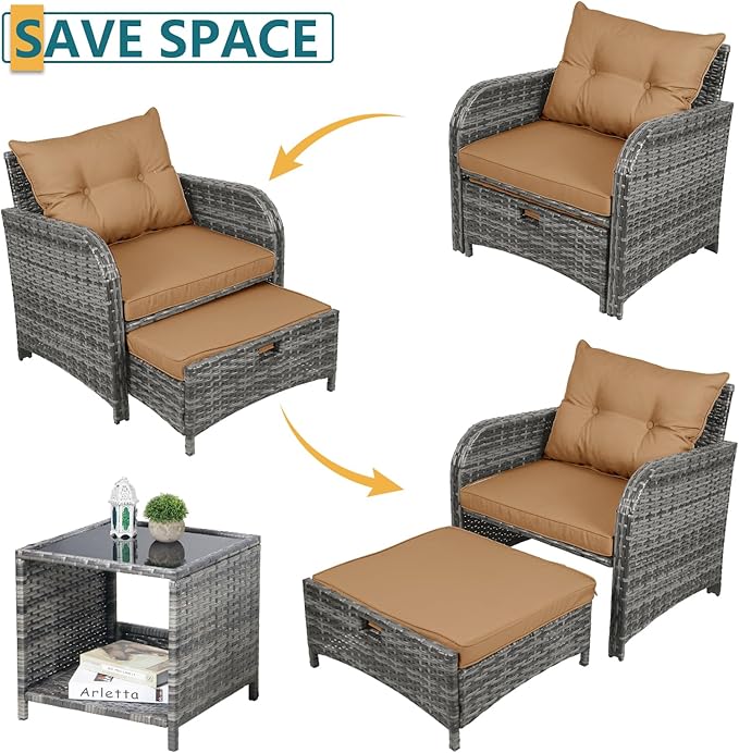 5 Pieces PE Wicker Outdoor Chairs with Ottomans, 5 PCS Rattan Patio Furniture Set with Ottoman, Patio Chairs with Ottomans for Porch Balcony Sunroom, Brown Cushion