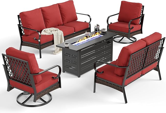 5 Piece Metal Outdoor Patio Furniture Sets with Firepit Table, Patio Conversation Sets 1 3-Seater Sofa, 1 Loveseat, 2 Swivel Chair with 5.75" Cushion for Backyard Deck, Rust Red