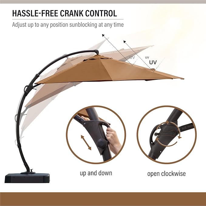 LAUSAINT HOME 11ft Patio Cantilever Umbrella with Base Included, Outdoor Curvy Round Offset Umbrella, Heavy Duty Aluminum, 360° Rotation for Pool, Deck, Lawn, Backyard (Tan)