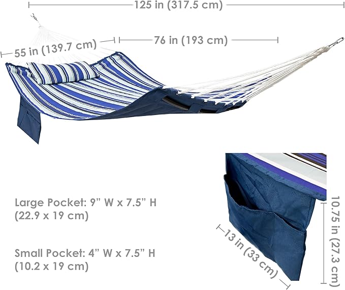 Sunnydaze Quilted Fabric Double Outdoor Hammock - 2-Person Hammock with Metal Curved Spreader Bars - Catalina Beach