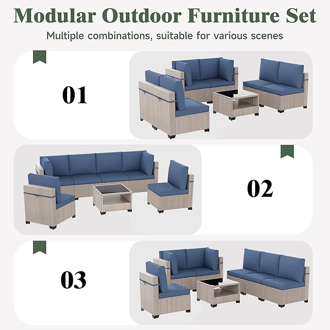 8 Pieces Patio Furniture Set with Fire Pit Table, Outdoor Sectional Wicker Sofa with Thick Cushions and Storage Coffee Table, Rattan Patio Conversation Sets, Navy