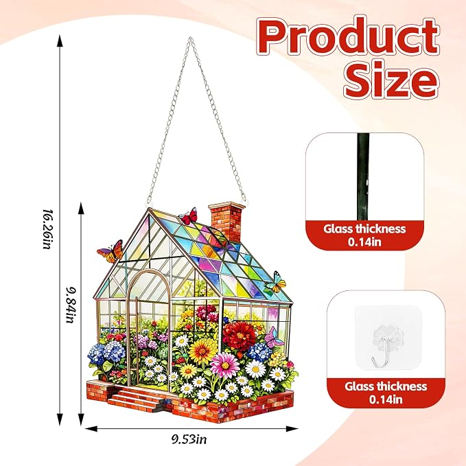 Stained Glass Suncatcher Window Hanging, Marzovitra 10 Inch Greenhouse Garden with Flowers Butterflies, Colorful Floral Real Glass Panel for Home Sunroom Patio Porch Indoor Outdoor Decor Gift Idea
