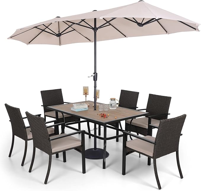 Sophia & William 7 Pieces Patio Dining Set with 13 ft Beige Double-Sided Umbrella, Outdoor Rattan Chairs & Metal and PVC Table Set with Cushion and 1.57" Umbrella Hole for Terrace Backyard Porch