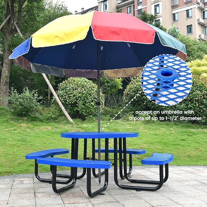 46" Round Metal Picnic Table for 4-8 Person, Durable Heavy Duty Commercial Picnic Table with Umbrella Hole for Outdoor Coffee Shop, School, Hospital, Easy to Install, Blue