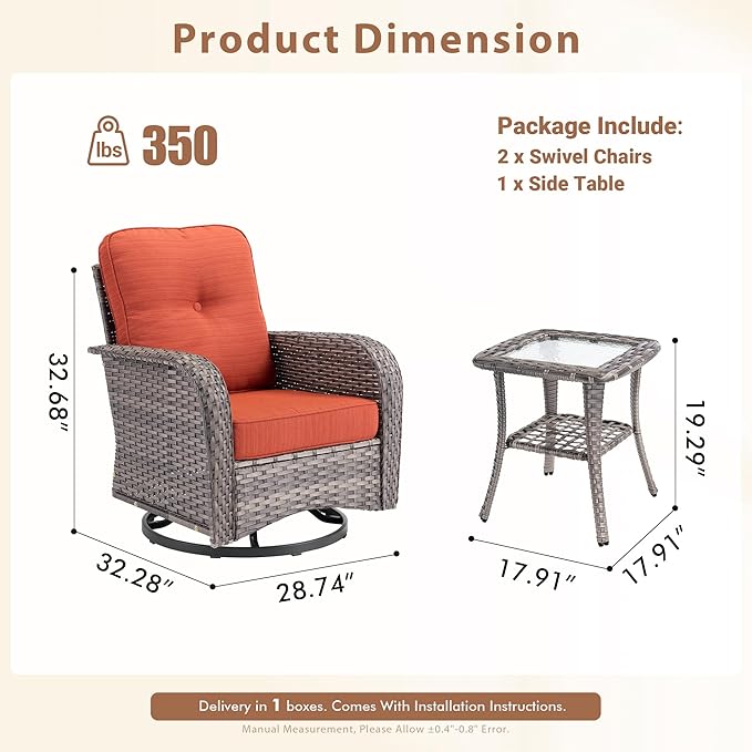 3 Pieces Patio Furniture Set, Outdoor Swivel Rocker Patio Chairs with Coffee Table, All Weather Thickened Cushion Patio Conversation Set for Porch Balcony Deck Poolside Garden Sunroom, Orange