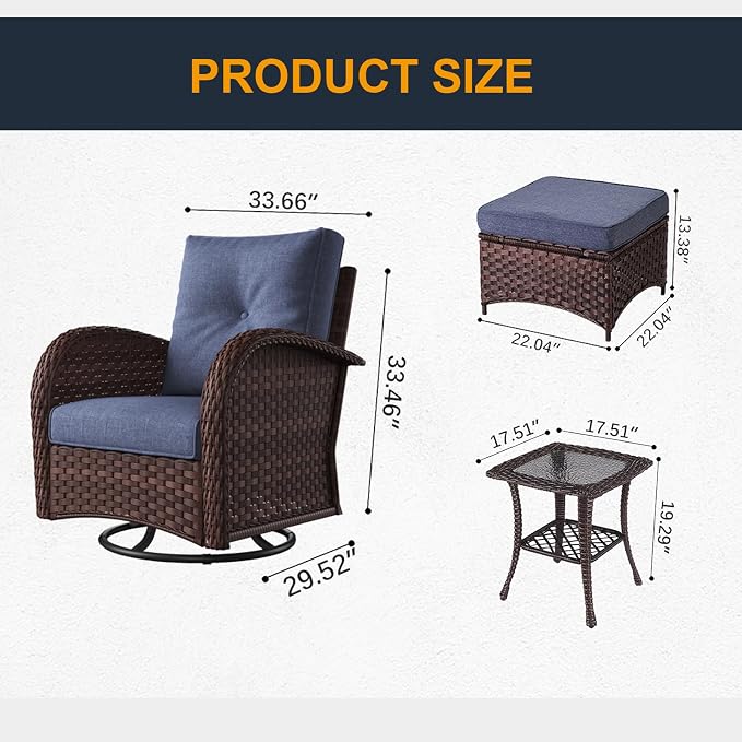 5 Pieces Outdoor Wicker Patio Swivel Rocking Chairs, All Weather Wicker Conversation Set with Side Table