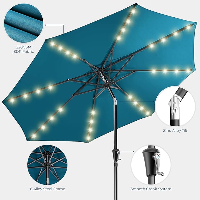 HOMSHADE 9ft Solar Patio Umbrella - Solar Lights LED Lighted Outdoor Market Table Umbrella, UPF50+ UV Protection with Push Button Tilt, Crank for Pool Deck and Garden (Peacock Blue)