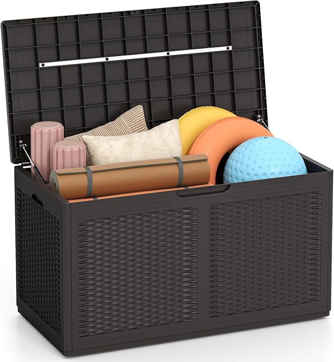 Giantex 100 Gallon Resin Outdoor Storage Box, Waterproof Deck Box w/Lockable Lid & Wheels, Rattan Storage Container Bench for Patio Cushions, Pool Accessories, Gardening Tools, 440 lbs (Brown)