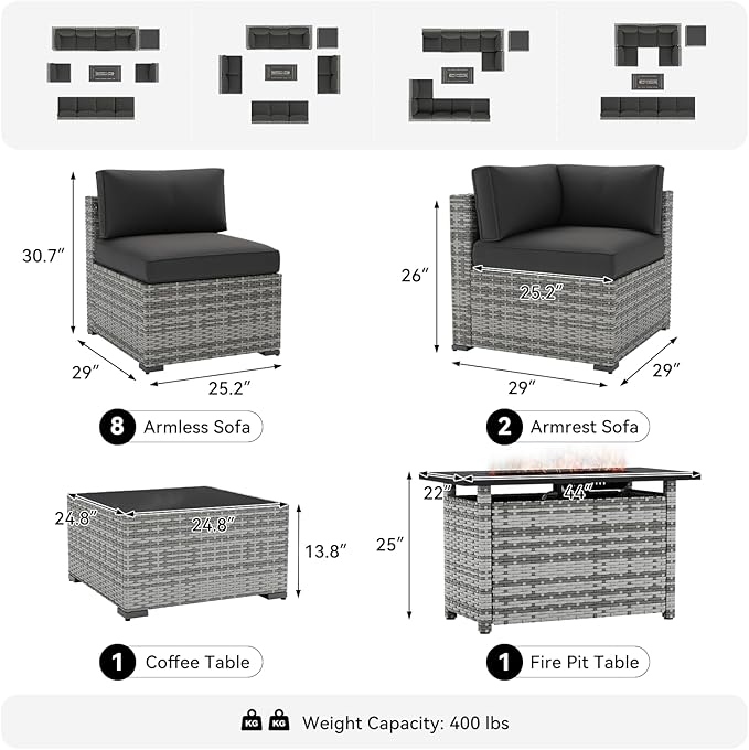 LazySunsets 12-Piece Patio Furniture Set with 44" Fire Pit Table, Wicker Outdoor Furniture, Patio Conversation Sets with Coffee Table, Outdoor Sectional Couch with Waterproof Cover, Black