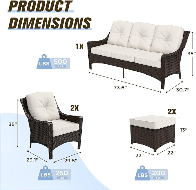 Stone Creek Outdoor Furniture Set with Patio Chairs, 3 Seater Couch & Ottomans, Wicker Patio Conversation Set, Balcony Furniture, 5 Piece, Brown/Beige