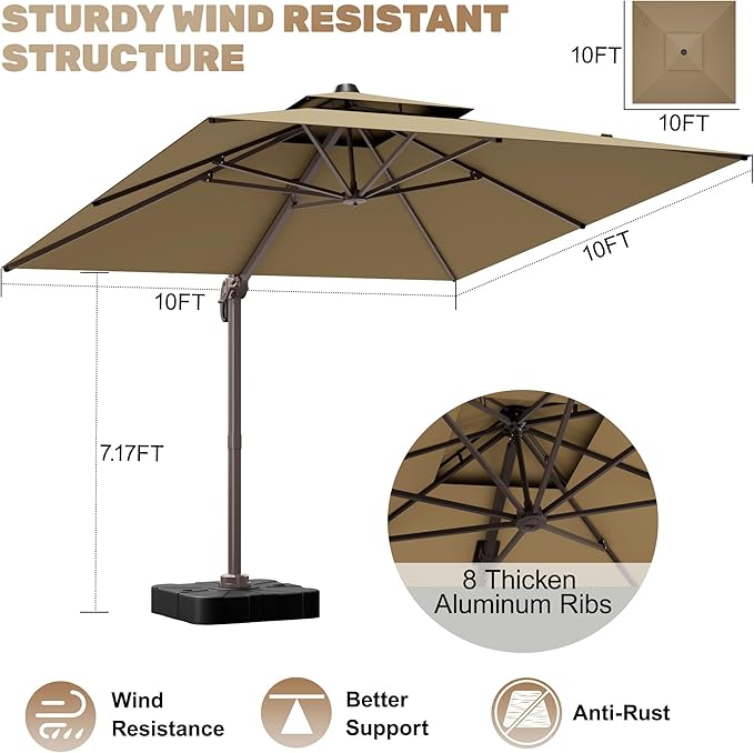 10x10Ft Patio Umbrella Outdoor Cantilever Rectangle Umbrella with Base Included, 6-Level Tilt & 360° Rotation Offset Umbrella for Garden, Deck, Pool(Brown)