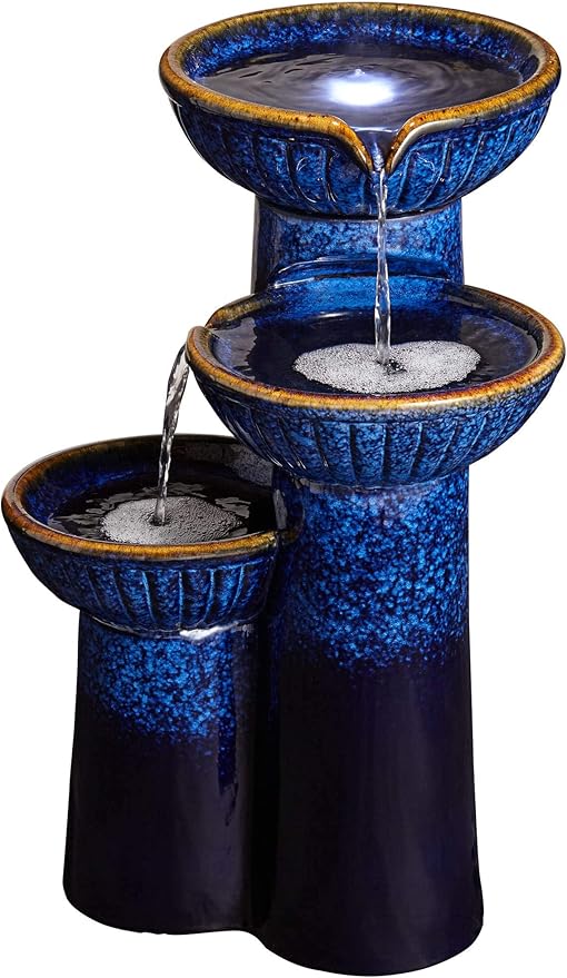 3-Bowl 26 3/4" High Large Modern Outdoor Decor Blue Cobalt Ceramic Floor Fountain with Light LED Standing Waterfall Tiered Water Feature for Outside Garden Patio Yard Backyard - John Timberland