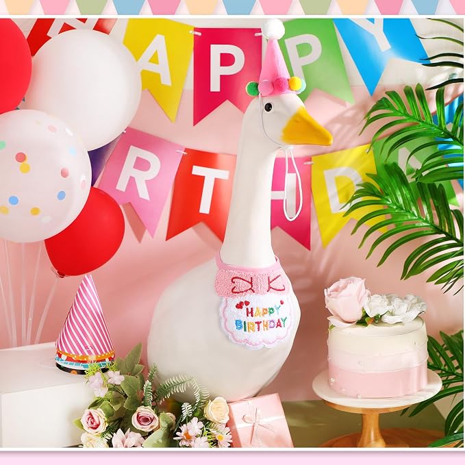Abbylike Happy Birthday Goose Outfit Lawn Porch Goose Outfits with Party Hat Bandana for 23" 17" Cement Plastic Duck Decor(Pink)