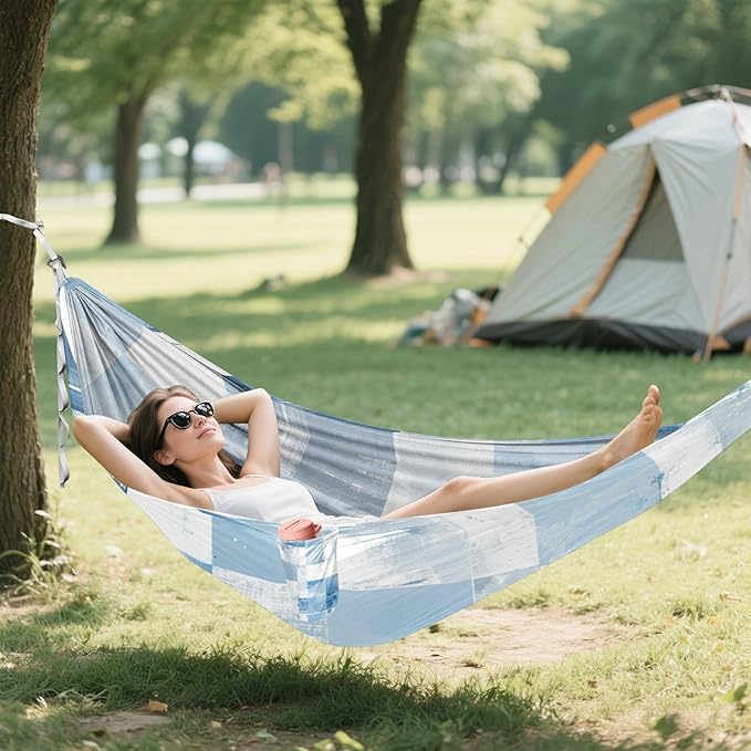 Light Blue and White Checkered Pattern 330lb Capacity Camping Hammock Rope Hammock for Camping & Hiking Essential capas para la Lluvia