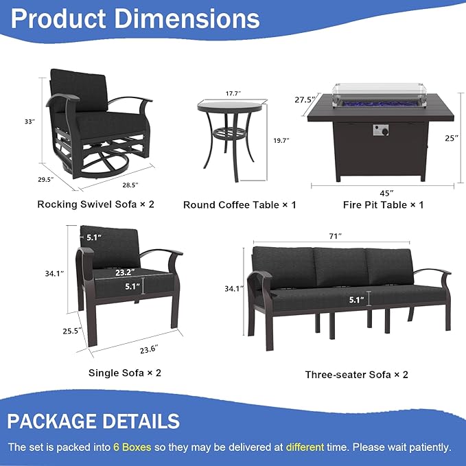 ALAULM Aluminum Patio Furniture Set with Propane Fire Pit Table - 10-seat Metal Outdoor Furniture w/Fire Pit Patio Sectional w/5.1" Cushions for Backyard, Poolside - Black