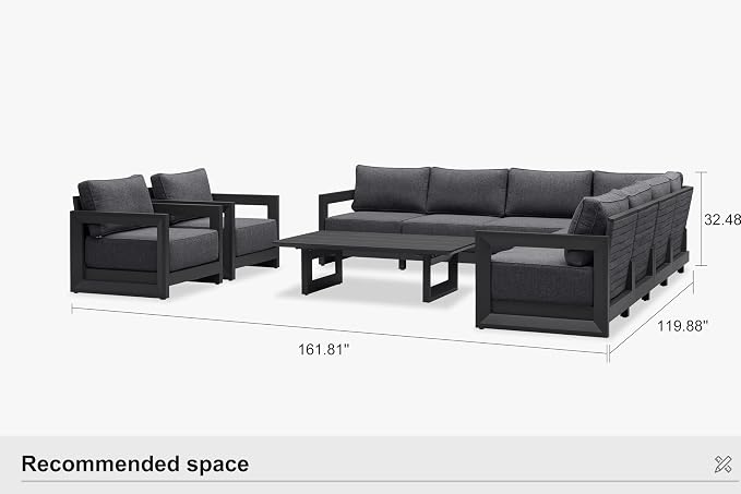 PURPLE LEAF Patio Furniture Set Open-End Outdoor Couch with 9.6" Thick Cushion and Soft Pillows 10 Piece Outdoor Sectional Sofas with Table Modern Outdoor Conversation Sets for Yard Porch Deck, Grey