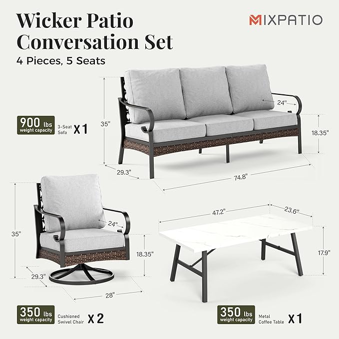 Patio Furniture Set with Fire Pit Table, 4 PCS Metal Outdoor Conversation Set with 5.75'' Extra Thick Cushion, 2 Swivel Chairs, 3-Seat Sofa and Gas Fire Pit Table, Light Grey