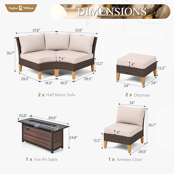 Sophia & William Patio Furniture Set with Fire Pit Table, 8 Piece Half Moon Outdoor Wicker Sectional Sofa Set, Rattan Conversation Set with 56-Inch Fire Pit Table & Ottoman (Beige)