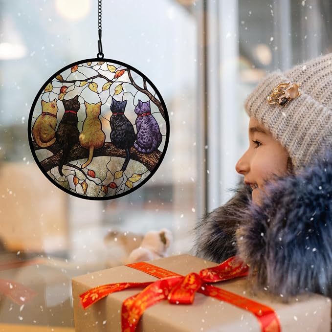 Bamlue Window Hanging - 5 Cats on a Branch Suncatcher for Window Doors Home Decoration and Christmas, Mother's Day Father's Day Birthday Gifts for Women, Men, and Mom