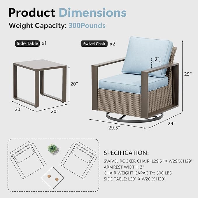3 Piece Patio Chair Set, Outdoor Swivel Rocker Patio Chairs and Side Table, Metal Patio Furniture with Deep Seating, Thicken Cushions for Deck, Porch, Yard Use (Azure, 3 PCS/Swivel)