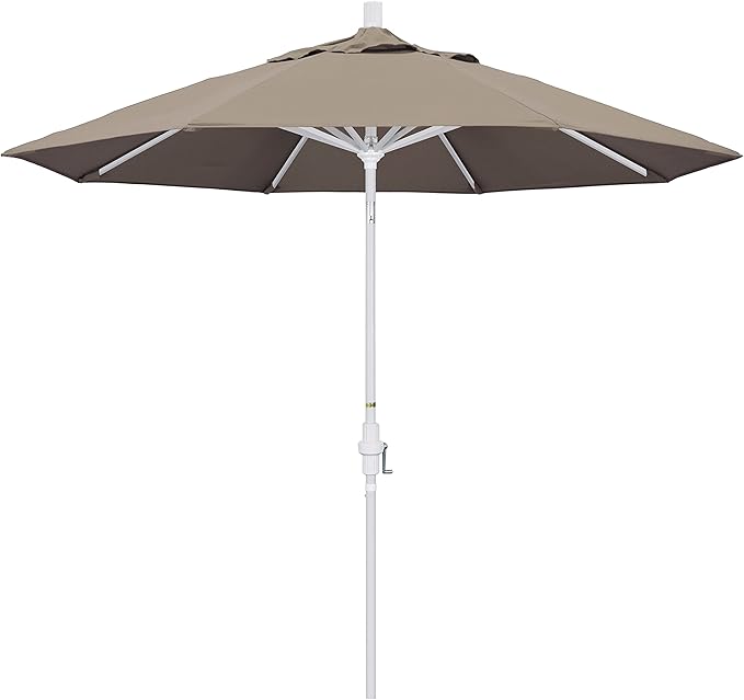 California Umbrella 9' Round Aluminum Patio Umbrella, Crank Lift, Collar Tilt, White Pole, Taupe