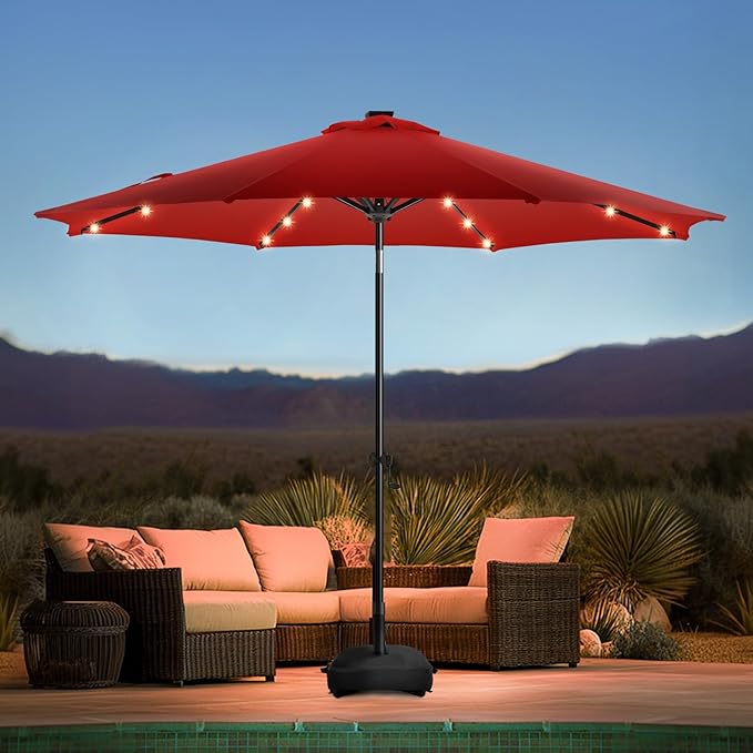 wikiwiki 9FT Solar Led Patio Umbrella with Base Included, 32 LED Lights, 8 Sturdy Ribs, Fade Resistant Waterproof POLYESTER DTY Canopy for Garden, Lawn, Deck, Backyard & Pool, Red