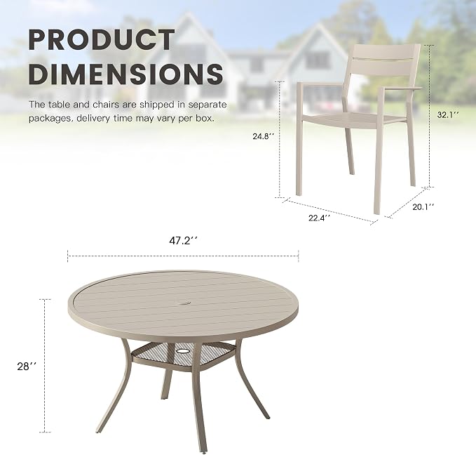 Patio Dining Set for 6, 47.2" Outdoor Dining Table and Chairs Set with Stackable Patio Chairs Outdoor Furniture for Garden Deck Backyard, Sandshell Table and Sandshell Chairs