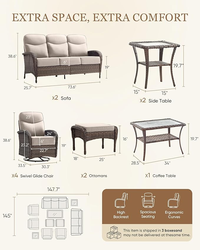 Belord Upgraded 6“ Cushion Luxury 11 Piece Patio Furniture Set - Wicker Outdoor Conversation Set with Swivel Rocker Patio Chairs, High Back Outdoor Furniture for Deck Porch Yard - Brown/Beige