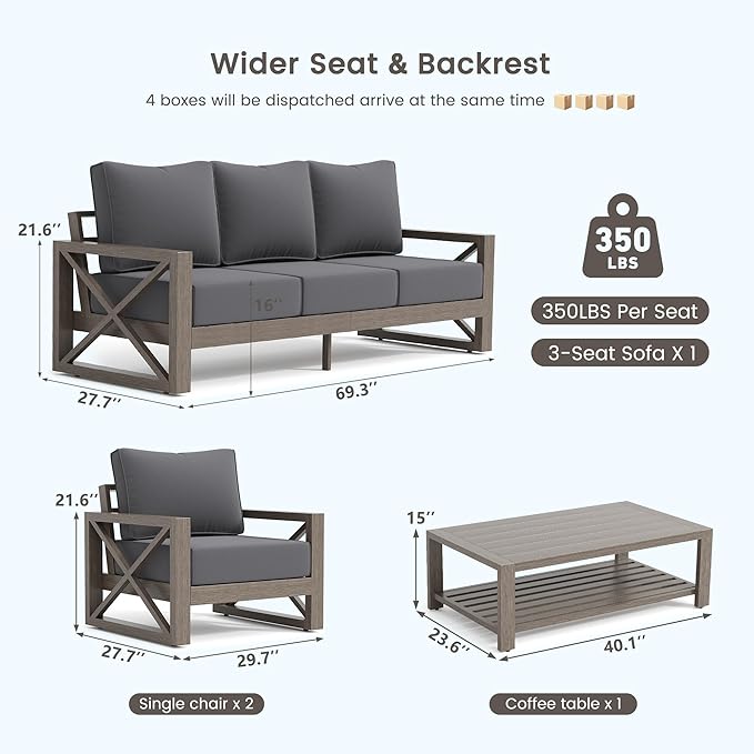 UDPATIO 6 Piece Aluminum Patio Furniture Set 7 Seats Modern Outdoor Furniture Faux Wood Grain Patio Conversation Sets with Olefin Fabric Thick Cushions, 600D Waterproof Cover Included, Dark Grey