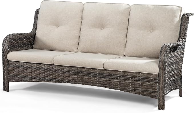 Wicker Patio Furniture Sets 7 Piece Set with One 3-Seat Sofa, 4 WIkcer Chairs, 2 Ottomans, Wicker Outdoor Furniture Set Patio Conversation Set, Beige