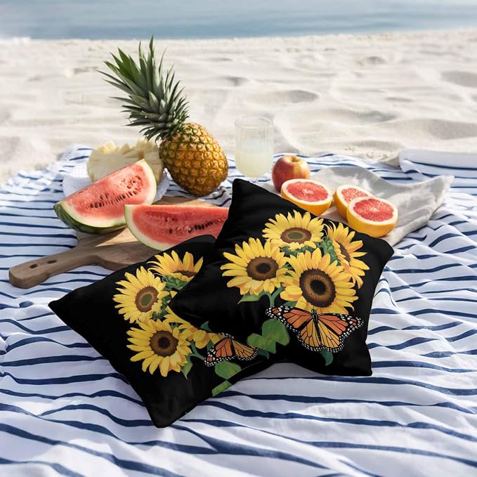 Outdoor Waterproof Throw Pillow Covers Set of 2 Watercolor Sunflower Pillowcases 18x18 Inches Summer Floral Butterfly Decorative Pillows Cushion Case Patio Pillows for Couch Bed Chair Garden