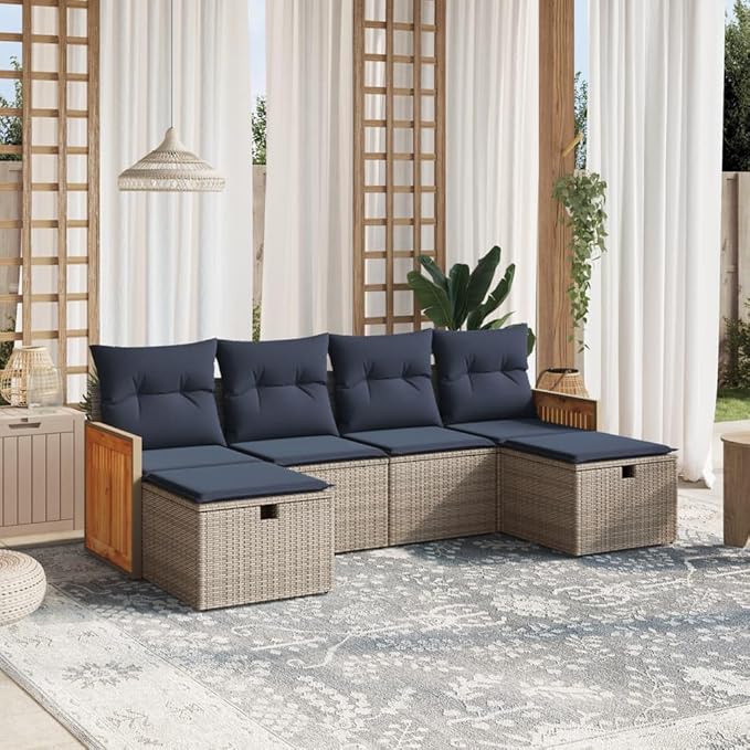 vidaXL Patio Sofa Set with Cushions 6 Piece, Outdoor Conversation Set, Sectional Sofa for Balcony Garden, Modern Style, Gray Poly Rattan
