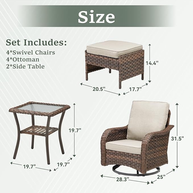 10 PCS Patio Furniture Set, 4 Swivel Rocking Chairs with 4 Ottomans & 2 Side Tables, 4-Inch Thick Olefin Cushions, 300 lbs Capacity Wicker Swivel Rocker Chairs for Porch, Fire Pit, Beige