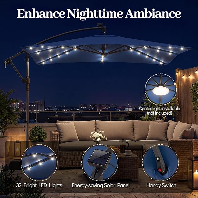 Tangkula 8x8 FT Solar Patio Umbrella with Base Included, Square Offset Cantilever Outdoor Umbrella with 360 Degree Rotation, 32 LED Lights, Crank Handle, 2 Sandbags, 8 Ribs, Air Vent for Pool Deck Garden Backyard