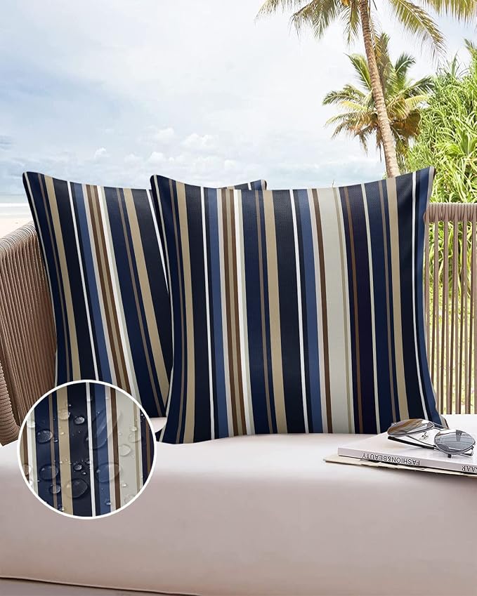 Outdoor Waterproof Pillow Covers for Patio Simple Stripe Decorative Throw Pillow Cover Blue And Brown Geometric Pattern Pillowcases Set of 2 Cushion Case for Sofa Couch Chair Home Decor 18x18 inch