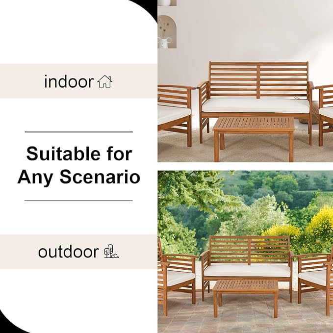 Outdoor Wood Sofa Set Patio Conversation Sets Acacia Patio Sofas Set with Thick and Soft Cushions Easy to Assemble Patio Furniture Set Natural Acacia Wood Compact and Sturdy Design Furniture Set
