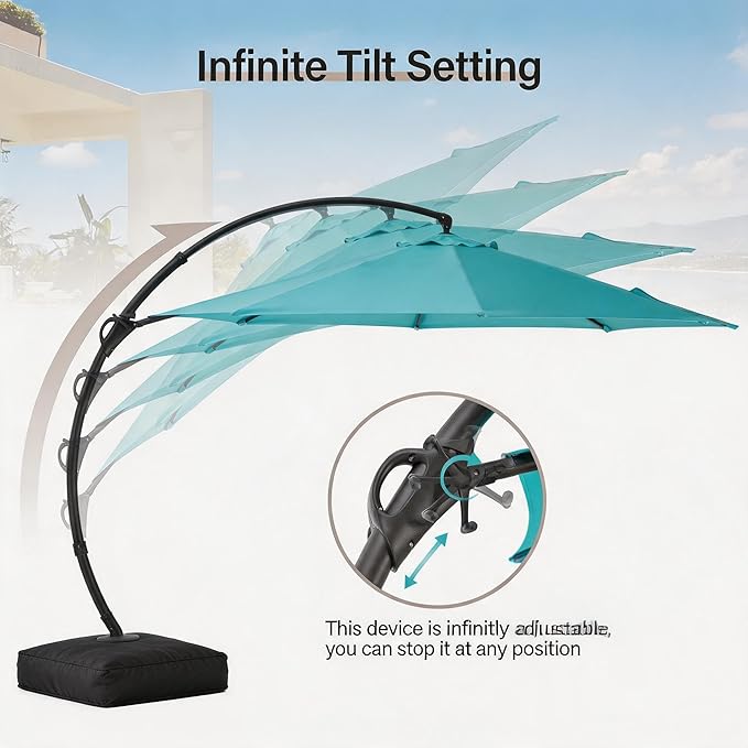 LAUSAINT HOME 12ft Patio Cantilever Umbrella with Base Included, Outdoor Curvy Round Offset Umbrella, Heavy Duty Aluminum, 360° Rotation for Pool, Deck, Lawn, Backyard (Turquoise Blue)