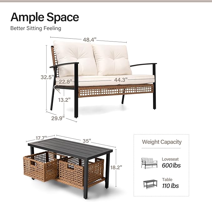 LAUSAINT HOME 4-Piece Patio Conversation Set, Comfortable Oversized Outdoor Furniture Set with Rocking Chairs and Storage Coffee Table for Backyard, Porch, Garden and Poolside