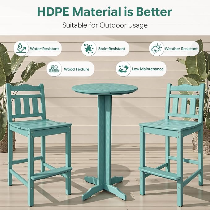 3-Piece Outdoor Bar Set, HDPE Adirondack Bar Height Chairs Set of 2 and Round Bar Table, All Weather Patio Bar Set Outdoor Bar Stools Set for Balcony, Poolside, Backyard (Aruba Blue)