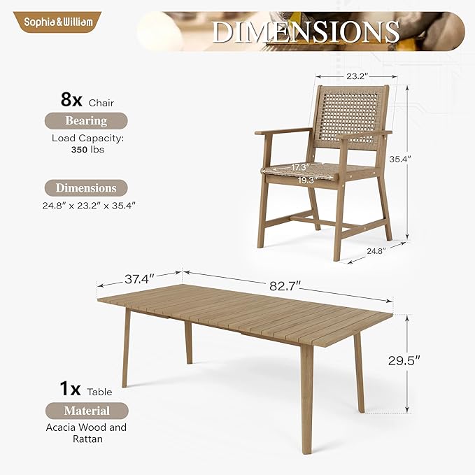 Sophia & William Patio Table and Chairs Set, 9-Piece Rattan Outdoor Dining Set Acacia Wood Patio Dining Sets for Yard, Garden, Porch and Poolside(Light Brown)