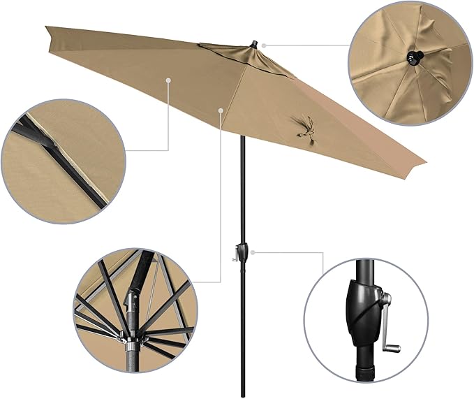 California Umbrella 12-Year Protection 9' Rd Aluminum Patio Umbrella, Crank Lift, Auto Tilt, Black Finish, Sunbrella Antique Beige