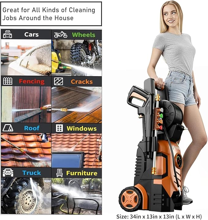 2026New Pressure Power Washer 5000PSI with Adjustable Touch Screen 8 Level, 34" Tall, 4 Quick Connect Nozzles,Inlet Hose&Filter&500mlFoam Cannon for Cars/Fences/Driveways/Home Cleaning (Red)