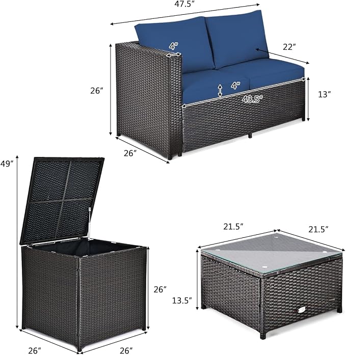HAPPYGRILL 4PCS Patio Furniture Set Outdoor Rattan Wicker Conversation Sofa Set with Storage Box & Tempered Glass Coffee Table for Backyard Garden Porch