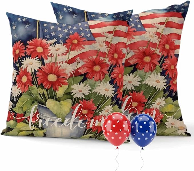 Independence Day Patriotic Flag Outdoor Pillow Covers 16x16in Pack of 2 Waterproof Pillowcase Blossom Flower Green Leaves Decorative Throw Cushion Case for Patio Couch Sofa