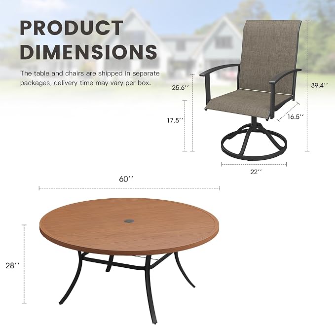 9 Pieces Round Patio Dining Set, Outdoor Furniture of 60" Round Patio Table and Patio Swivel Chairs for Backyard Lawn Garden, Walnut Table and Mixed Brown Chairs
