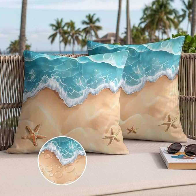 Ocean Beach Waterproof Outdoor Pillow Covers Set of 2 Home Decor, Starfish Sea Waves Coastal Seaside Sand Pillowcase Patio Pillow Covers for Couch Bench Furniture Garden 18x18in