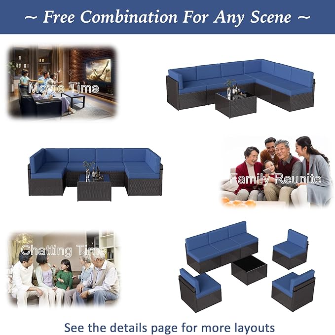 7 PCs Patio Furniture Sets, PE Rattan Wicker Outdoor Sofa, (Sectional Conversation Set with Tea Table, (Dark Blue)